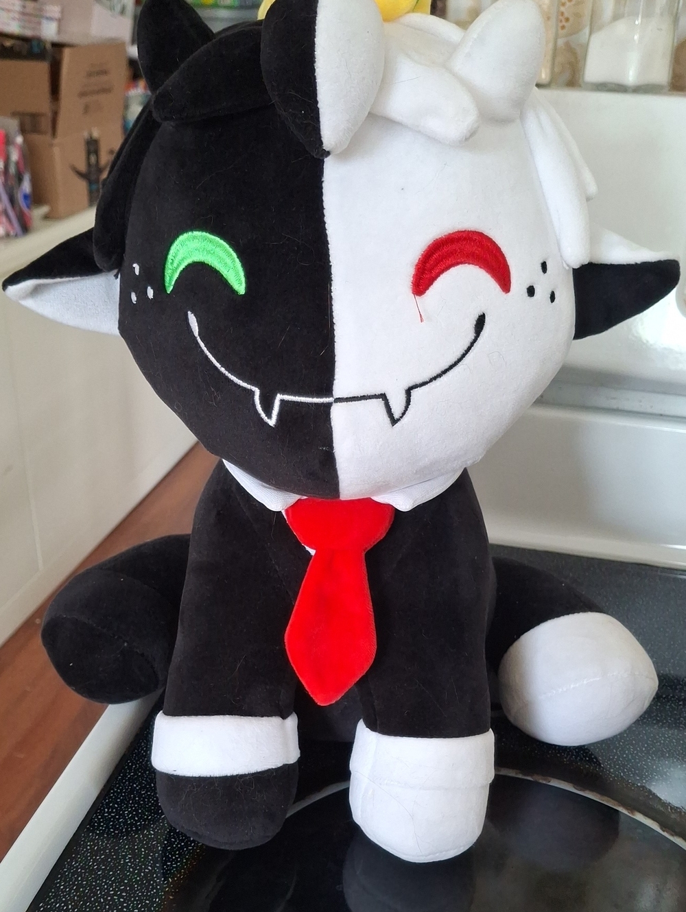 Black & White Plush Two-Tone Devil Cat with Red Tie